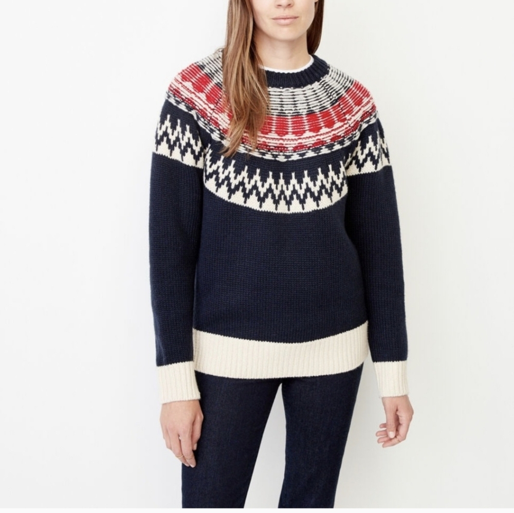 Roots fair isle aran fishermans coastal wool sweater Large Navy blue red cream